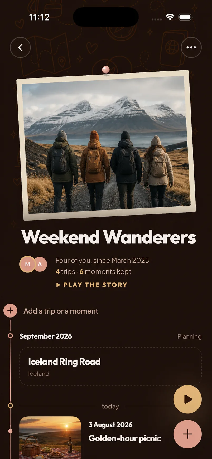 Wayfolks Crew called Weekend Wanderers: four of you since March 2025, 4 trips and 6 moments kept, with a timeline of trips and moments