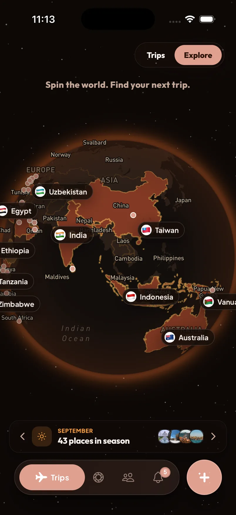 Wayfolks Explore globe reading ‘Spin the world. Find your next trip.’ with India, Taiwan, Indonesia and Australia highlighted and 43 places in season this September