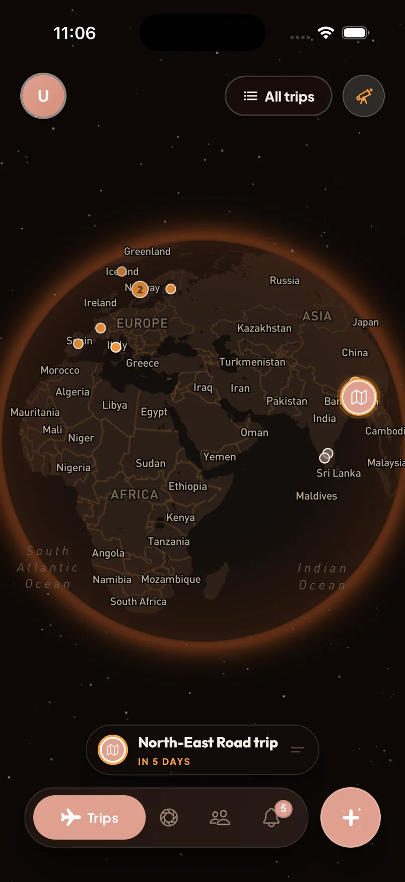 Wayfolks home globe with pins across Iceland, Norway, Spain, Italy, India and Sri Lanka, and an upcoming North-East Road trip in 5 days