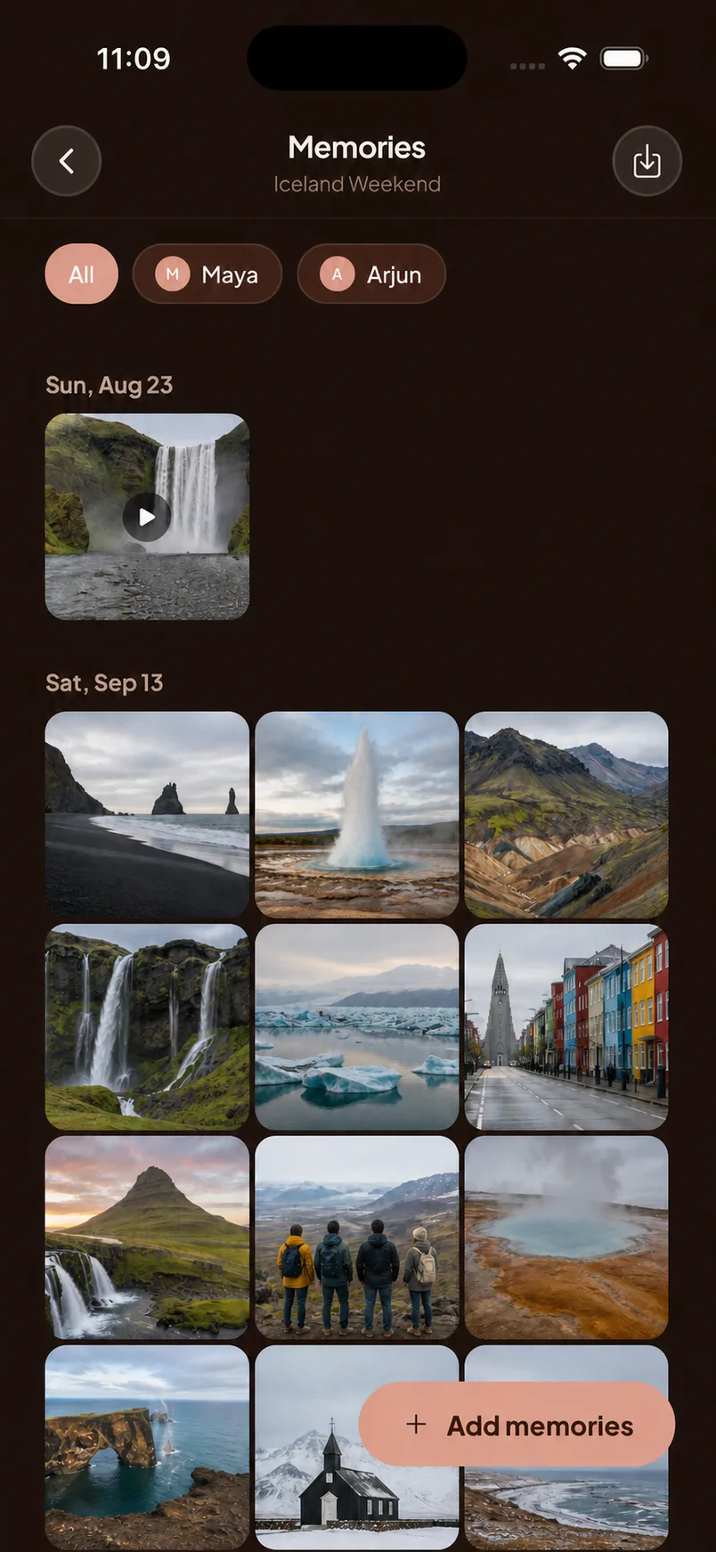 Wayfolks Memories album for Iceland Weekend filtered by All, Maya or Arjun, with waterfalls, geysers and glaciers grouped by day