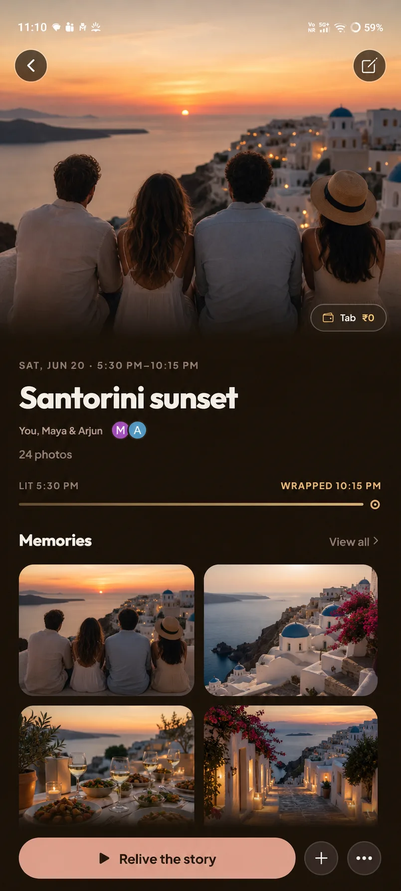 Wayfolks Moment called Santorini sunset with You, Maya and Arjun, 24 photos, lit at 5:30 PM and wrapped at 10:15 PM