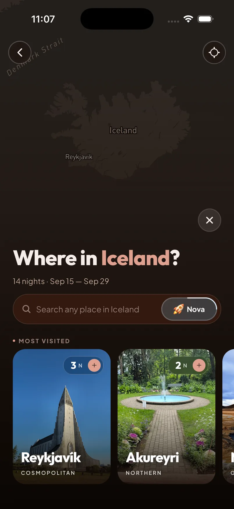 Wayfolks planning screen asking ‘Where in Iceland?’ for 14 nights, with a place search, a Nova button, and most-visited Reykjavík and Akureyri
