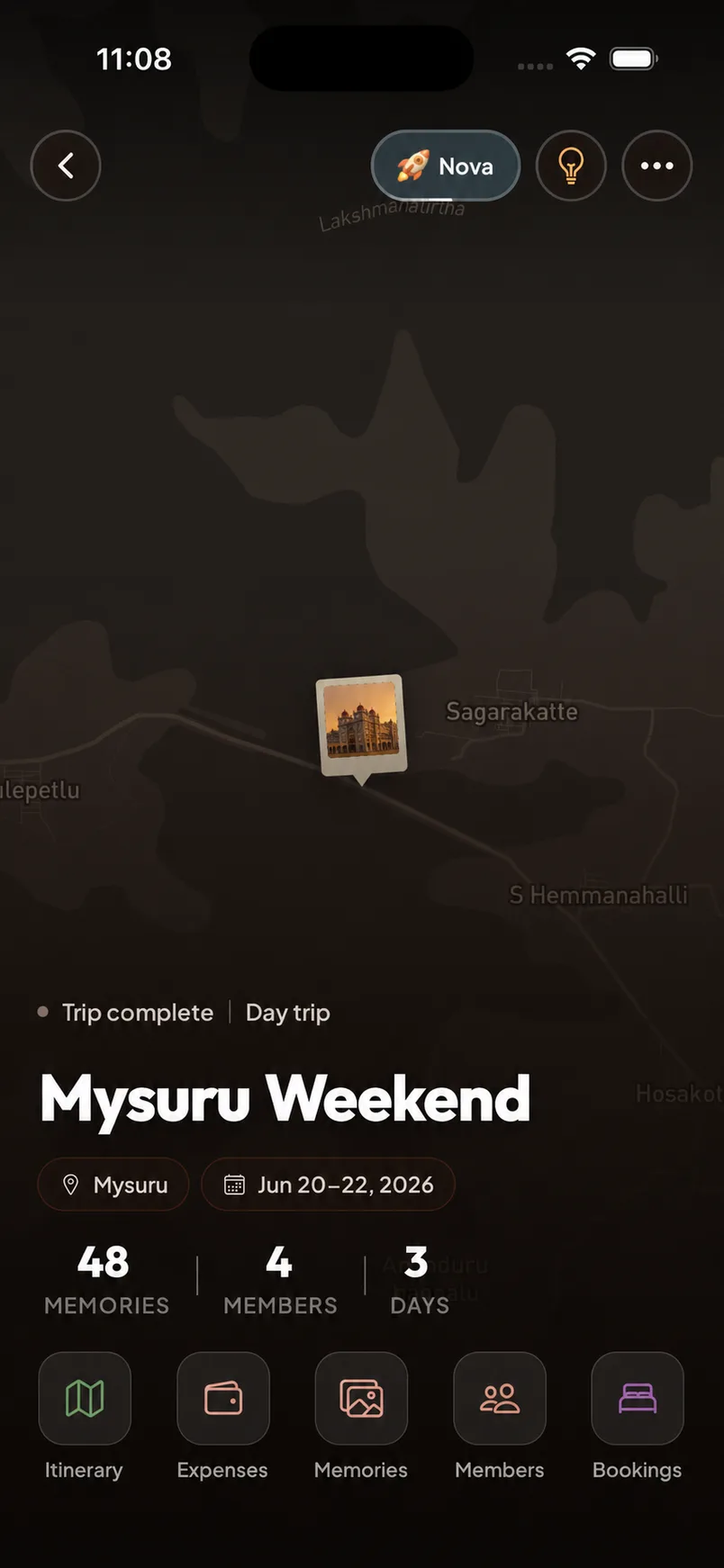 Wayfolks Mysuru Weekend Trip with 48 memories, 4 members and 3 days, and shortcuts to Itinerary, Expenses, Memories, Members and Bookings